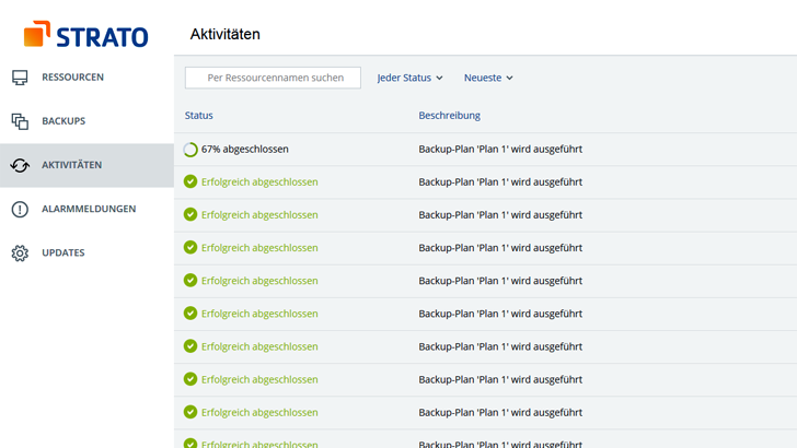 Ansicht Backups Aktivitätsbildschirm