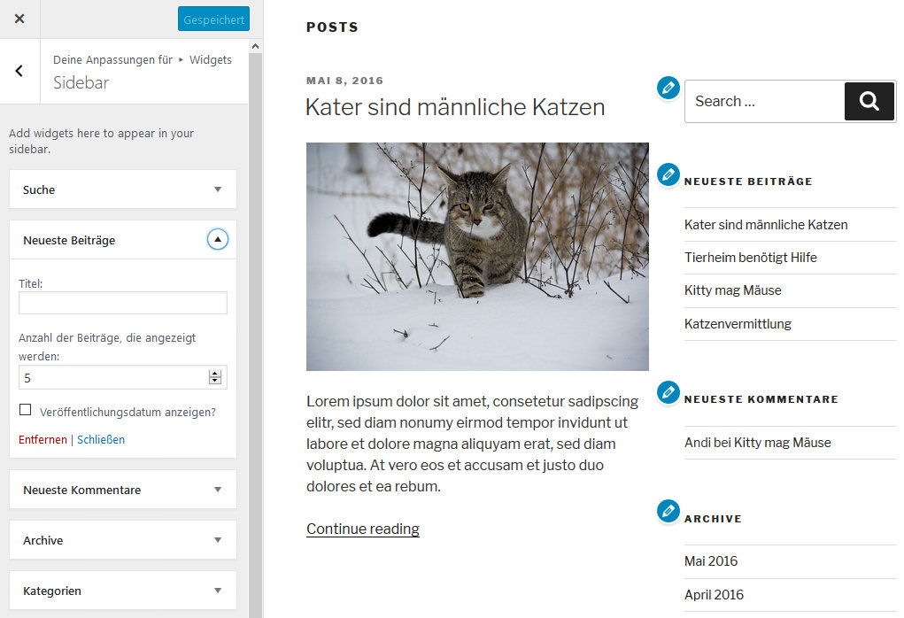 Pfeile im Customizer