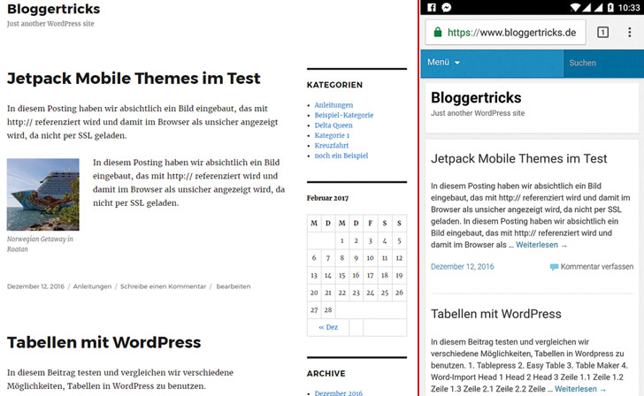 Im Vergleich: Blog im Browser (links) und am Smartphone mit Mobile Themes