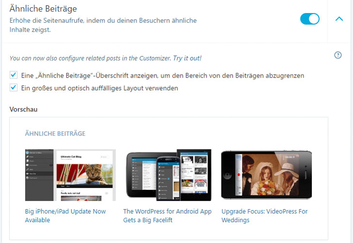 Ähnliche Beiträge platziert Jetpack ganz unkompliziert unter Deinen Blogposts.