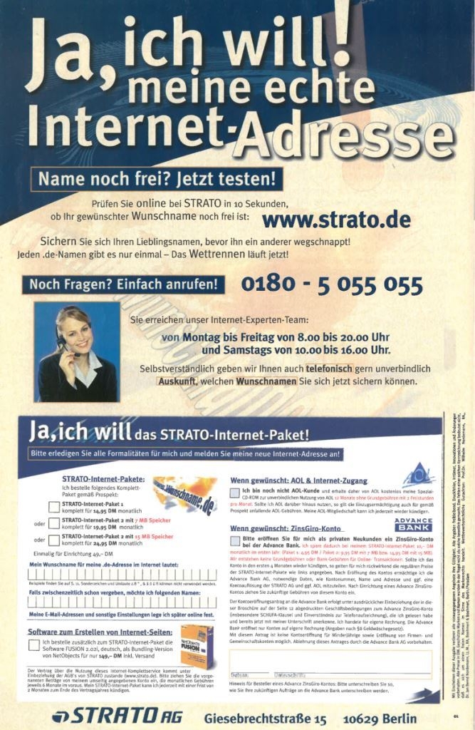 Fotokopie der Rückseite der ersten STRATO Broschüre