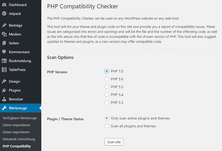 Den PHP Compatibility Checker findest Du im Menü unter Werkzeuge.