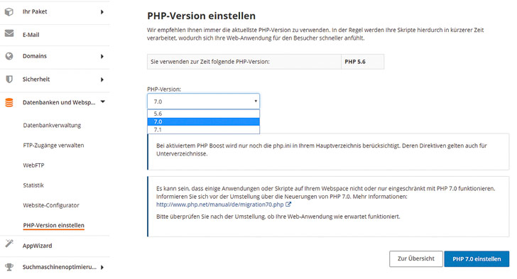 Die Umstellung auf PHP 7 kostet nur ein paar Mausklicks.