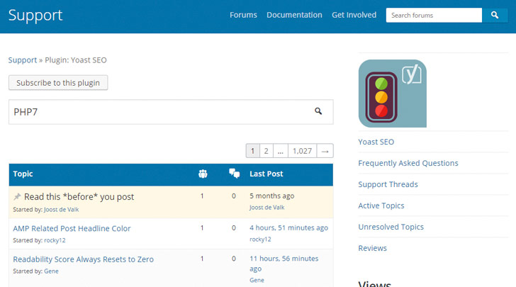 Mit der Suchfunktion unter dem Support-Reiter im WordPress-Plugin-Verzeichnis findest Du Hinweise darauf, ob ein Plugin kompatibel zu PHP 7 ist.