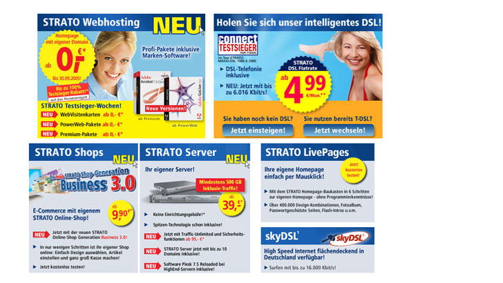 Die STRATO Website aus dem Jahr 2005: viel bunte Werbung