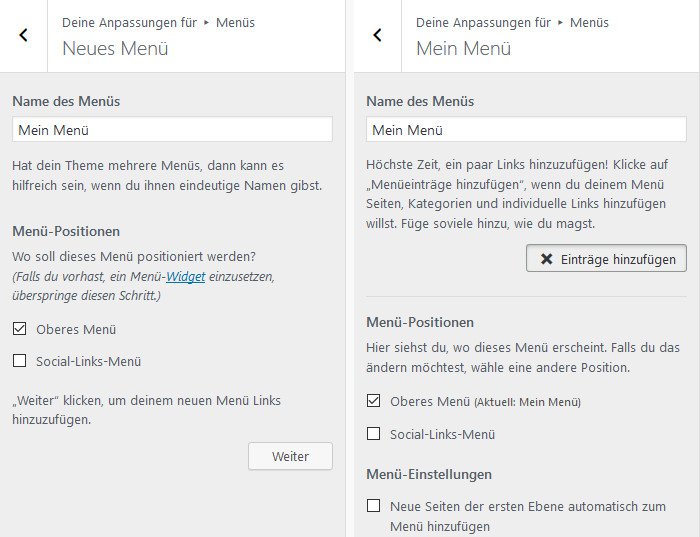 Menüs im Customizer