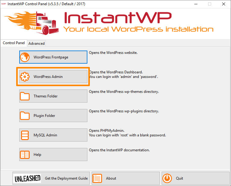 Administrationsbereich von InstantWP