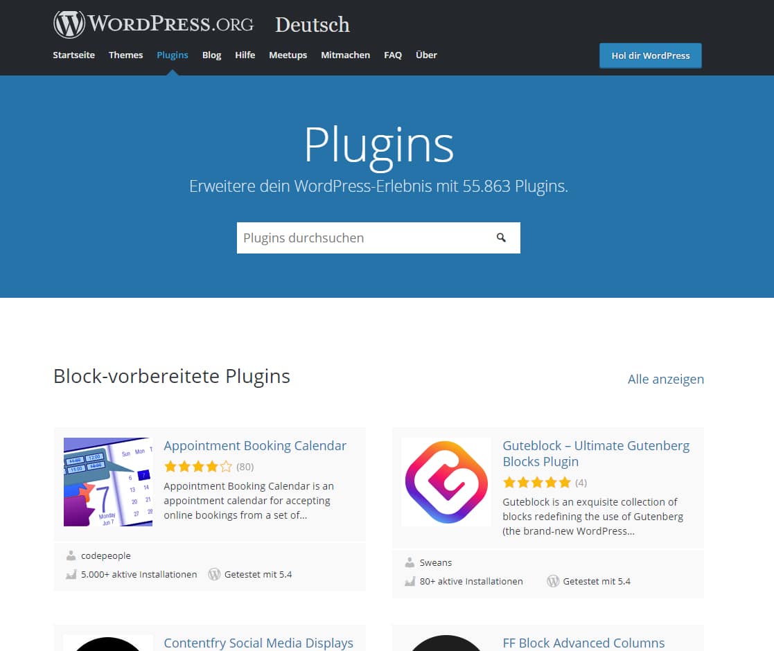 Das Plugin-Verzeichnis von WordPress inklusive Suchfunktion.