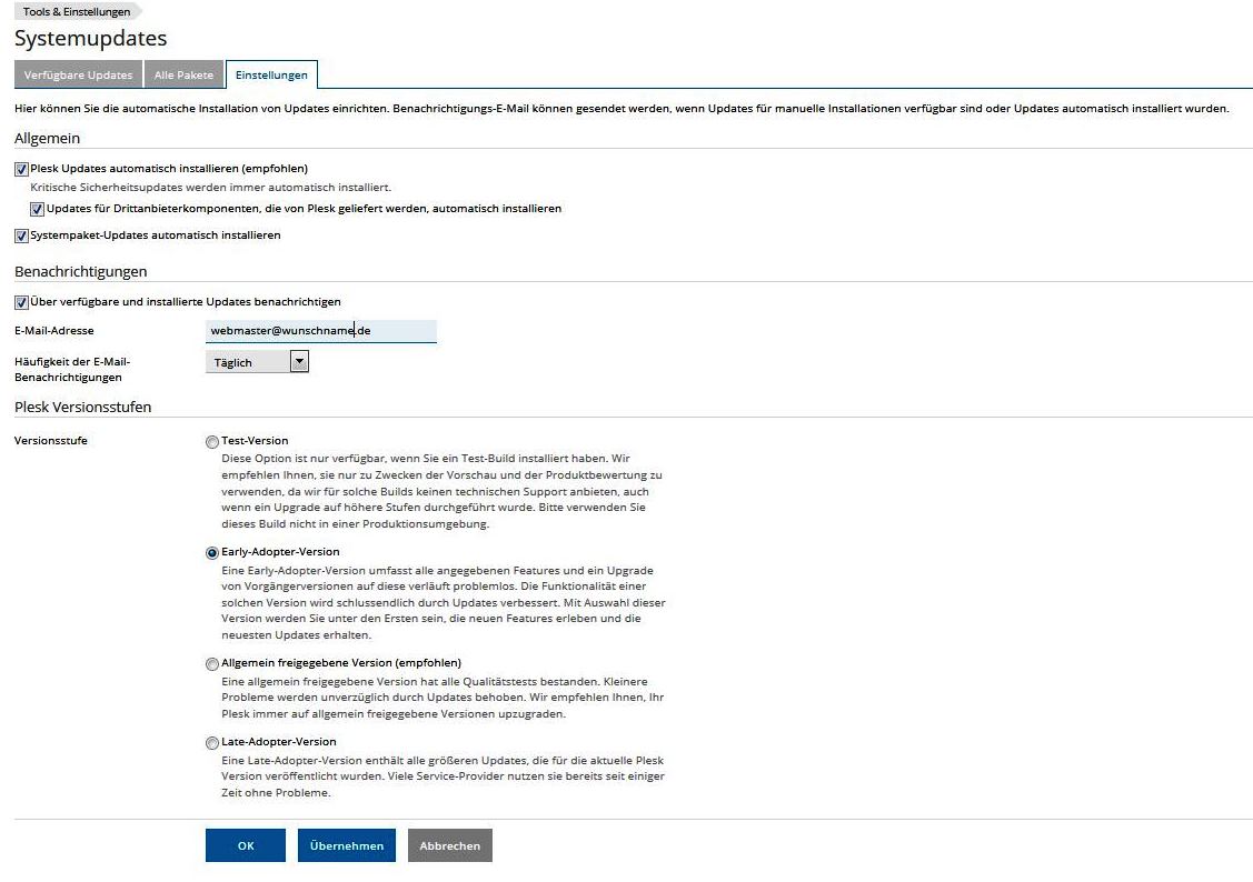 Plesk Menü für Systemupdates und Early Adopter Version