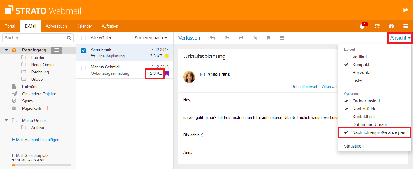Screenshot zur Ansicht der Mailgröße bei STRATO Webmail