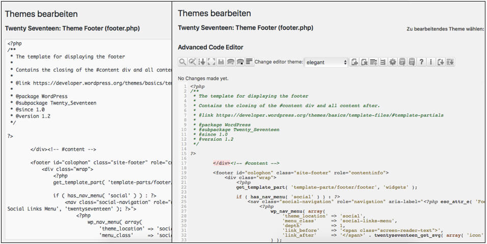 Links die normale Ansicht von Code im WordPress-Editor, rechts mit farblichen Hervorhebungen durch den Advanced Code Editor