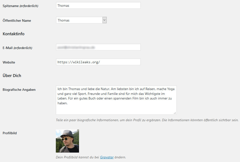 Profil-Einstellungen im Backend