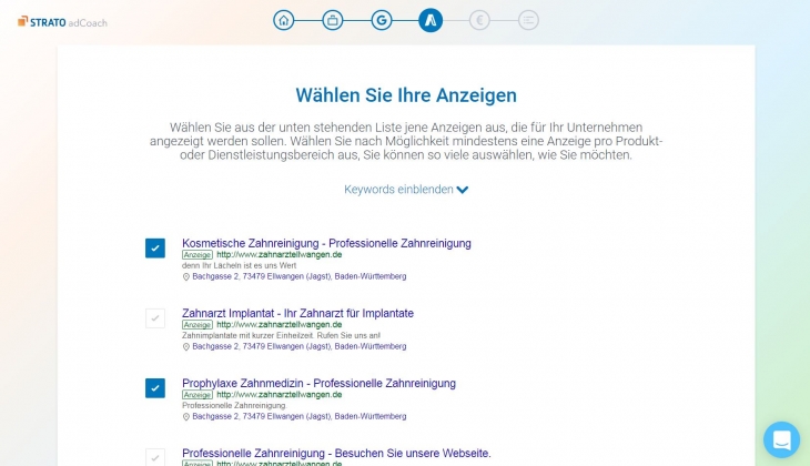 Screenshot adCoach Anzeigen auswählen