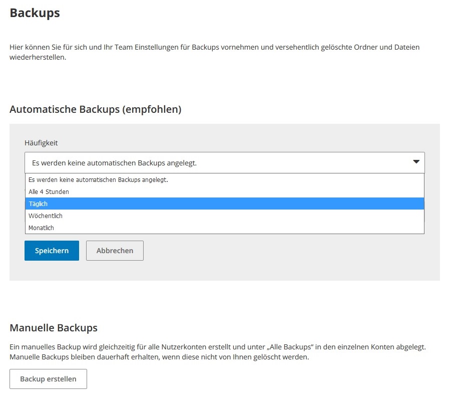 Screenshot Backup-Verwaltung HiDrive