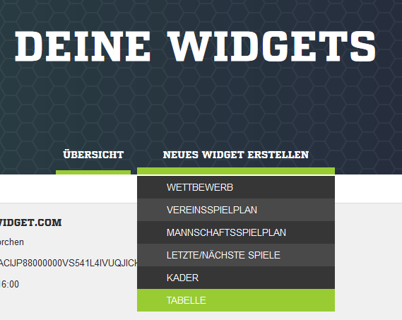 Im Widget-Menü auf Fussball.de suchst Du zunächst einen Inhalt aus.