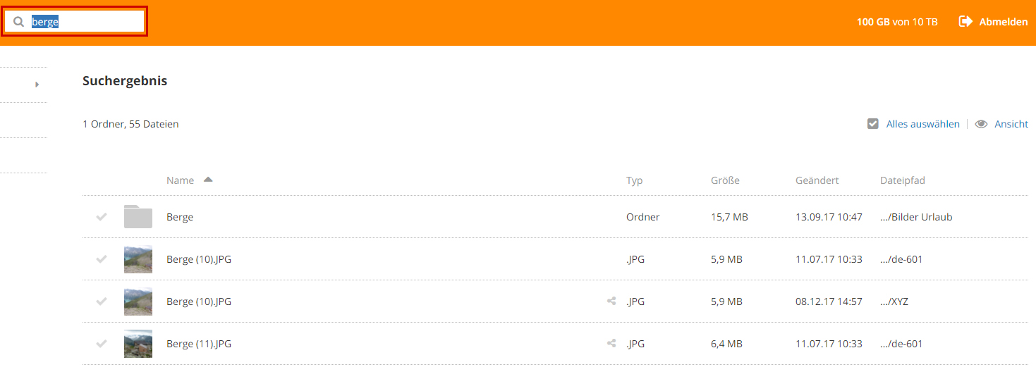 Screenshot Dateimanager HiDrive Suche