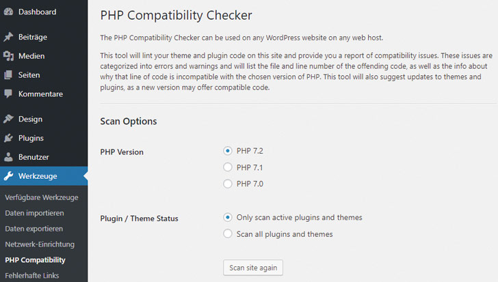Den PHP Compatibility Checker findest Du im Menü unter Werkzeuge.