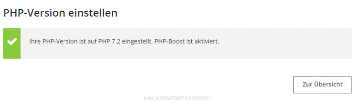 Die Erfolgsmeldung: Umstellung auf PHP 7.2 erledigt.