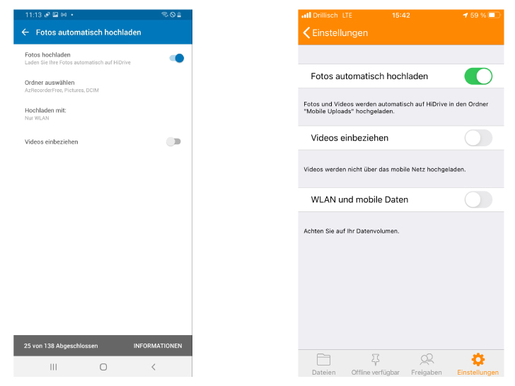 Screenshot HiDrive App Android und iOS Aktivierung des Kamera-Uploads